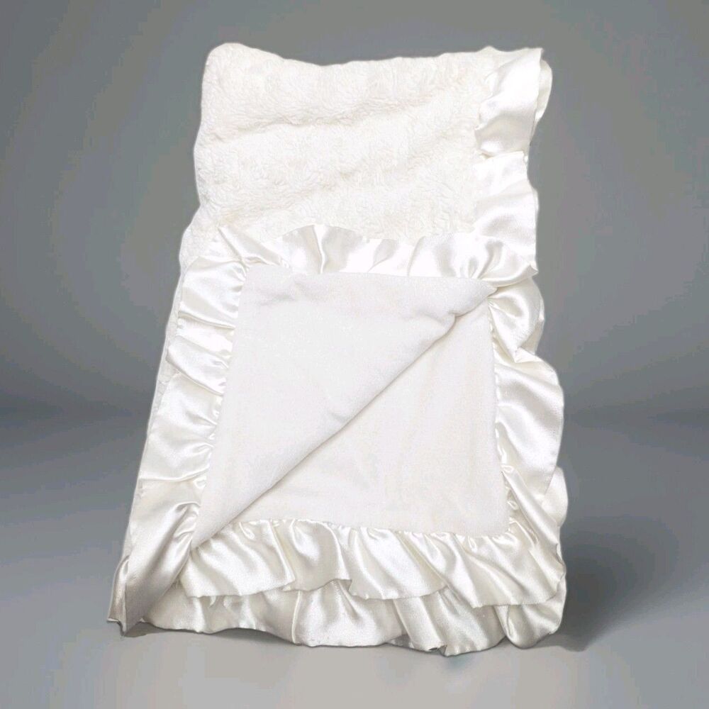 First Impressions White Baby Crib Blanket Satin Ruffle Plush Elegant Classy Prep